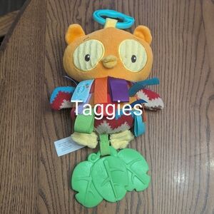 Taggies. Hanging  Orange Owl Plush with Green Teething Leaves. Tactile Toy.